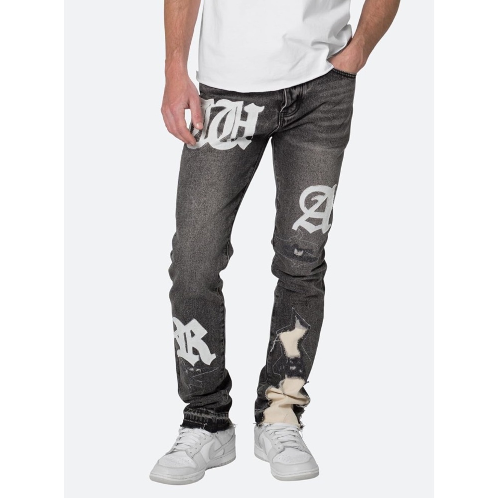 🌹🆕 mnml D198 War straight denim Men's Black Graphic Y2K Jeans size 31R - Picture 5 of 7